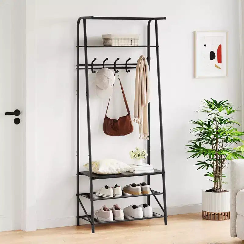 GustoWave Appendiabiti con Scarpiera e 10 Ganci, Attaccapanni Autoportante 3-in-1, Mobile da Ingresso con Contenitore, Stand Appendiabiti con Struttura in Metallo
