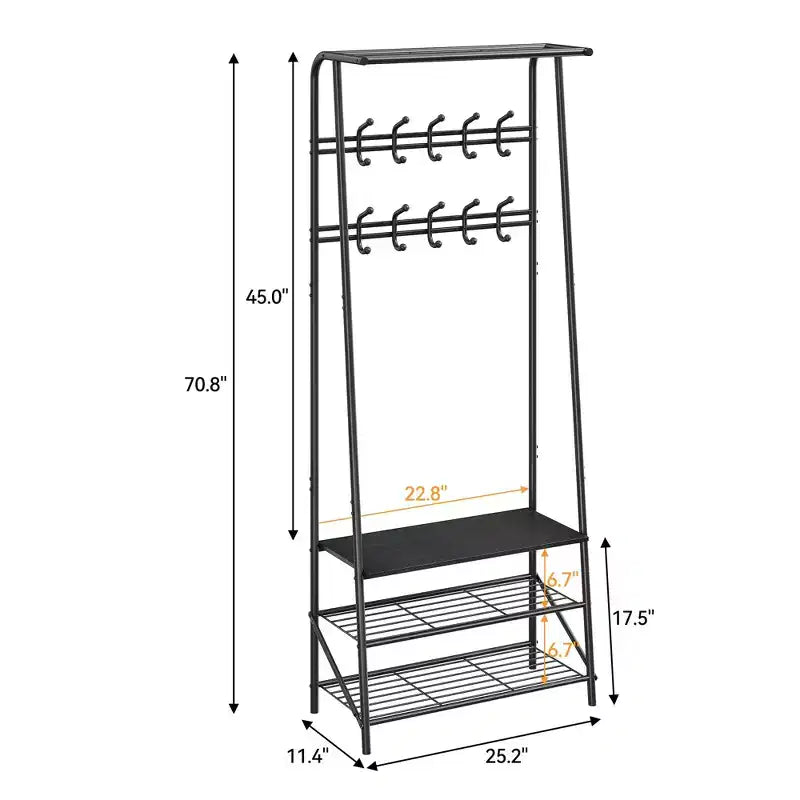 GustoWave Appendiabiti con Scarpiera e 10 Ganci, Attaccapanni Autoportante 3-in-1, Mobile da Ingresso con Contenitore, Stand Appendiabiti con Struttura in Metallo