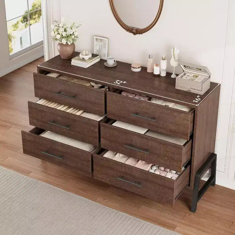 Comò a 6 cassetti per camera da letto, cassettiera da 52 pollici con ampio spazio di archiviazione, cassettiera in legno indipendente per soggiorno