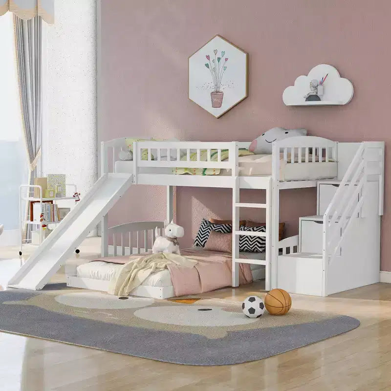 Letto a castello con scaletta e scivolo, struttura in legno di pino gemella su gemella e due cassetti per bambini e ragazzi