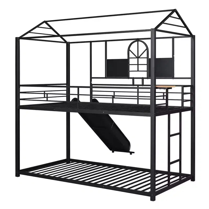 Letto a castello in metallo, letto a castello doppio con scivolo, letto a castello doppio a forma di casetta con sponde per la cameretta dei bambini
