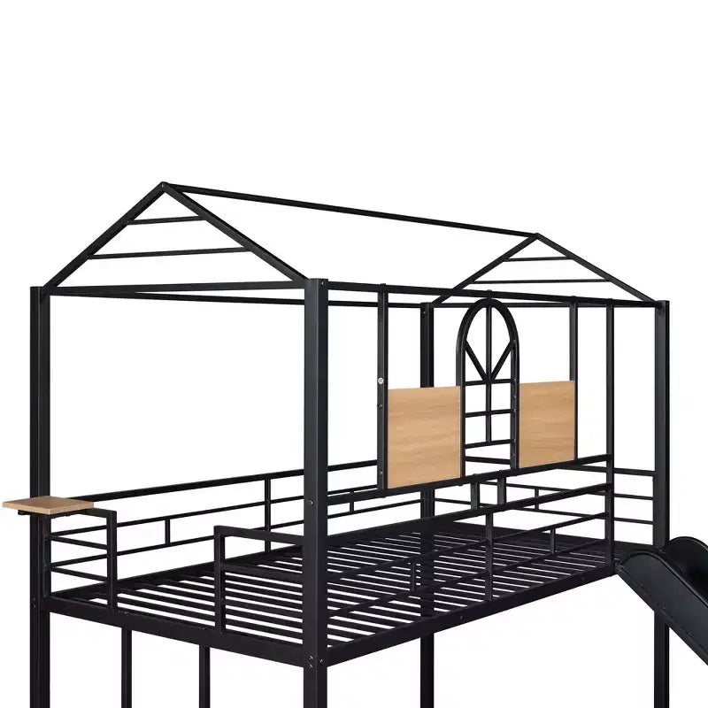 Letto a castello in metallo, letto a castello doppio con scivolo, letto a castello doppio a forma di casetta con sponde per la cameretta dei bambini