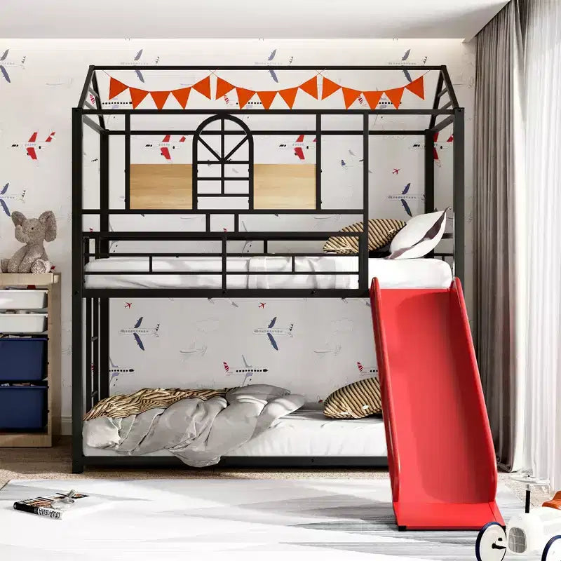Letto a castello in metallo, letto a castello doppio con scivolo, letto a castello doppio a forma di casetta con sponde per la cameretta dei bambini