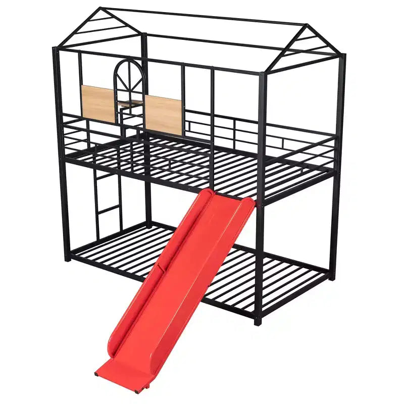 Letto a castello in metallo, letto a castello doppio con scivolo, letto a castello doppio a forma di casetta con sponde per la cameretta dei bambini