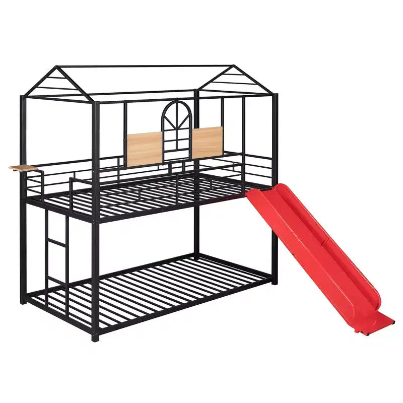 Letto a castello in metallo, letto a castello doppio con scivolo, letto a castello doppio a forma di casetta con sponde per la cameretta dei bambini
