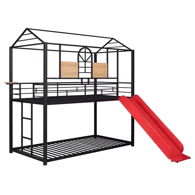 Letto a castello in metallo, letto a castello doppio con scivolo, letto a castello doppio a forma di casetta con sponde per la cameretta dei bambini