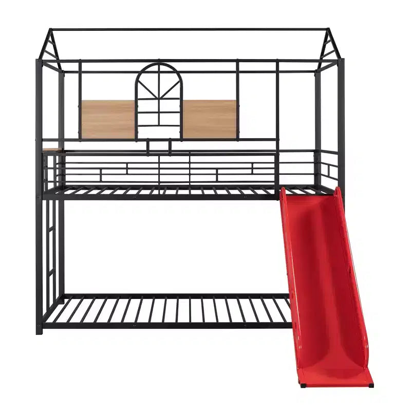 Letto a castello in metallo, letto a castello doppio con scivolo, letto a castello doppio a forma di casetta con sponde per la cameretta dei bambini