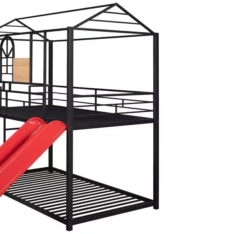 Letto a castello in metallo, letto a castello doppio con scivolo, letto a castello doppio a forma di casetta con sponde per la cameretta dei bambini