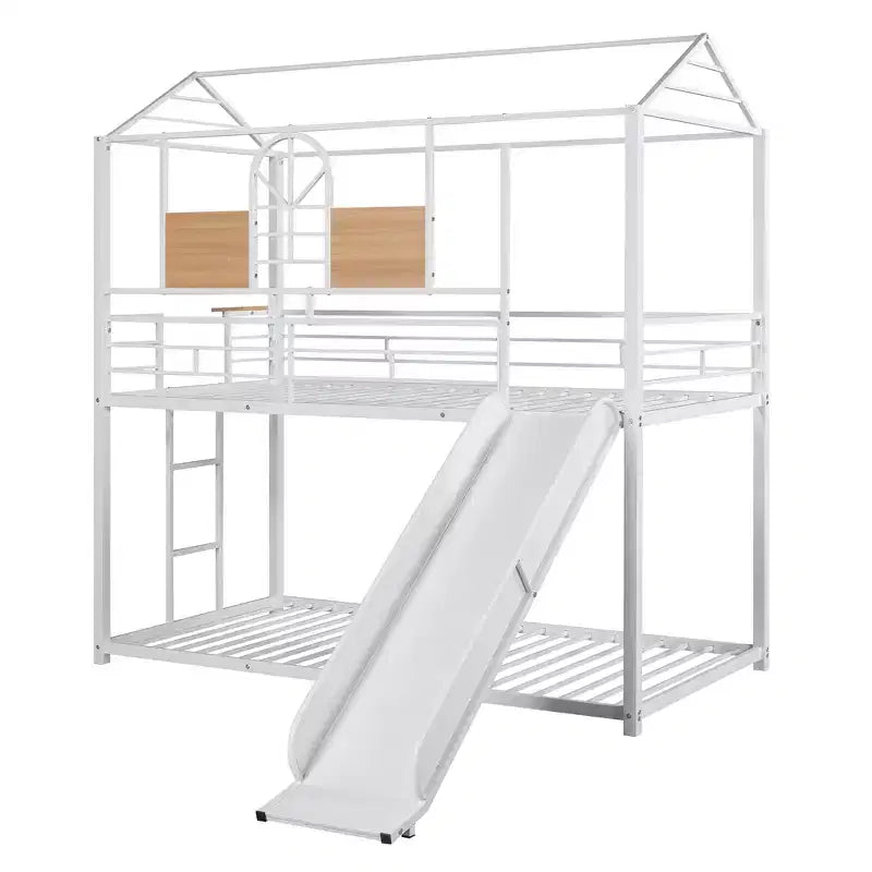 Letto a castello in metallo, letto a castello doppio con scivolo, letto a castello doppio a forma di casetta con sponde per la cameretta dei bambini