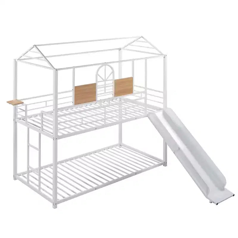 Letto a castello in metallo, letto a castello doppio con scivolo, letto a castello doppio a forma di casetta con sponde per la cameretta dei bambini