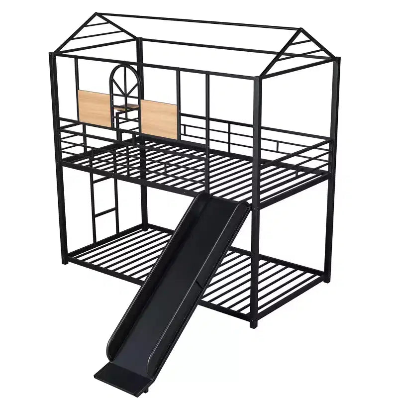 Letto a castello in metallo, letto a castello doppio con scivolo, letto a castello doppio a forma di casetta con sponde per la cameretta dei bambini