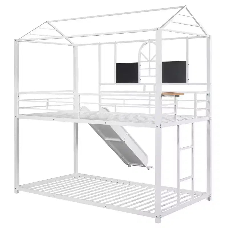 Letto a castello in metallo, letto a castello doppio con scivolo, letto a castello doppio a forma di casetta con sponde per la cameretta dei bambini
