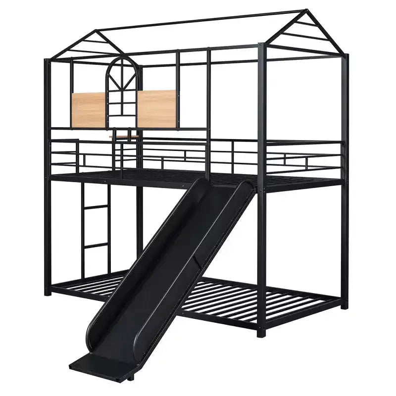 Letto a castello in metallo, letto a castello doppio con scivolo, letto a castello doppio a forma di casetta con sponde per la cameretta dei bambini