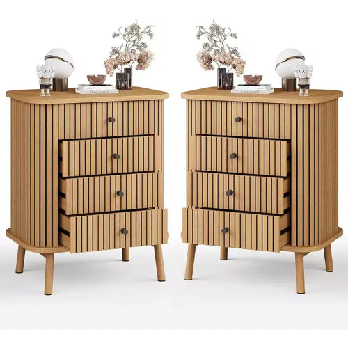 COZONY 4-Drawer Wicker Dresser with Wood Legs, Natural Storage Cabinet with Black Handles, Multi-Purpose Bedroom Dresser for Living Room Hallway