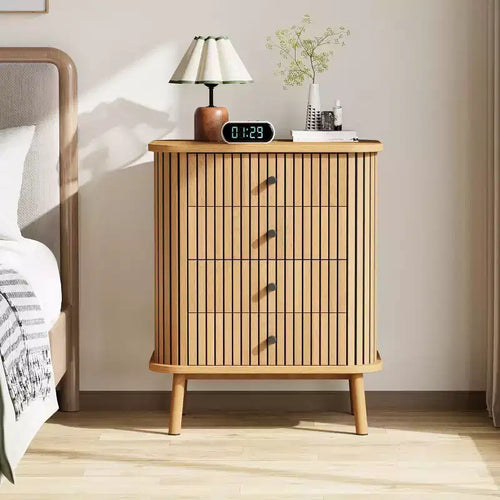 Cassettiera a 4 cassetti in vimini con gambe in legno, mobile contenitore naturale con maniglie nere, cassettiera multiuso per camera da letto, soggiorno, corridoio