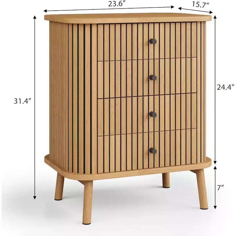 Cassettiera a 4 cassetti in vimini con gambe in legno, mobile contenitore naturale con maniglie nere, cassettiera multiuso per camera da letto, soggiorno, corridoio