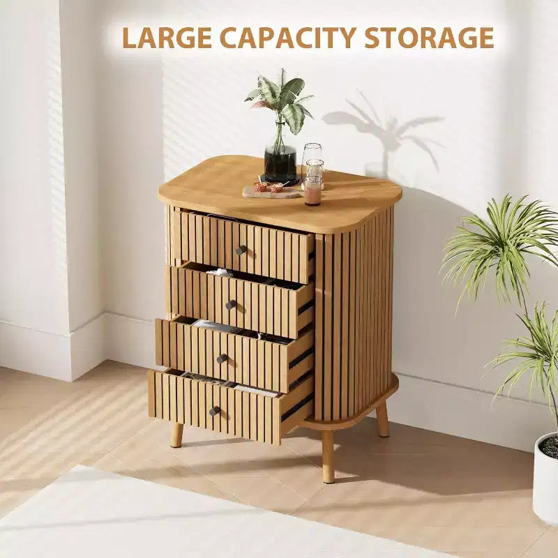 Cassettiera a 4 cassetti in vimini con gambe in legno, mobile contenitore naturale con maniglie nere, cassettiera multiuso per camera da letto, soggiorno, corridoio