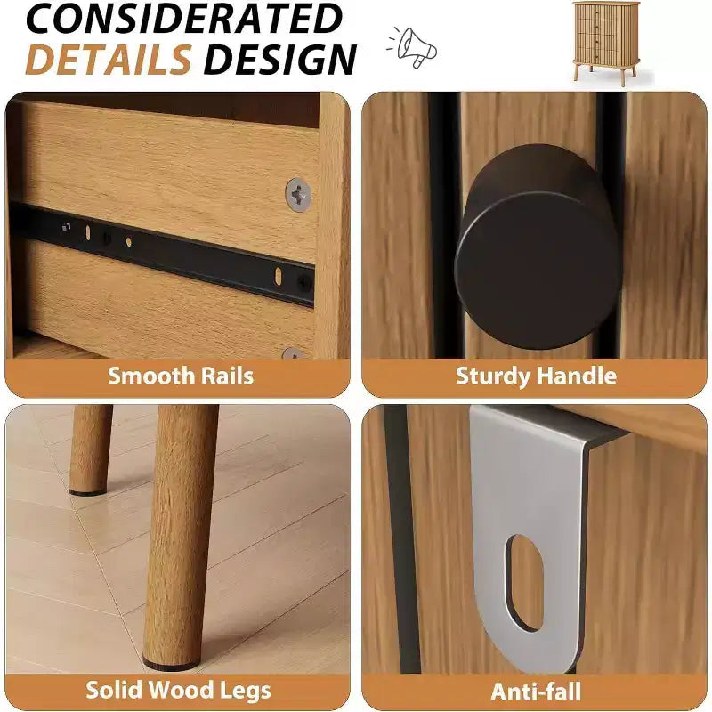 Cassettiera a 4 cassetti in vimini con gambe in legno, mobile contenitore naturale con maniglie nere, cassettiera multiuso per camera da letto, soggiorno, corridoio