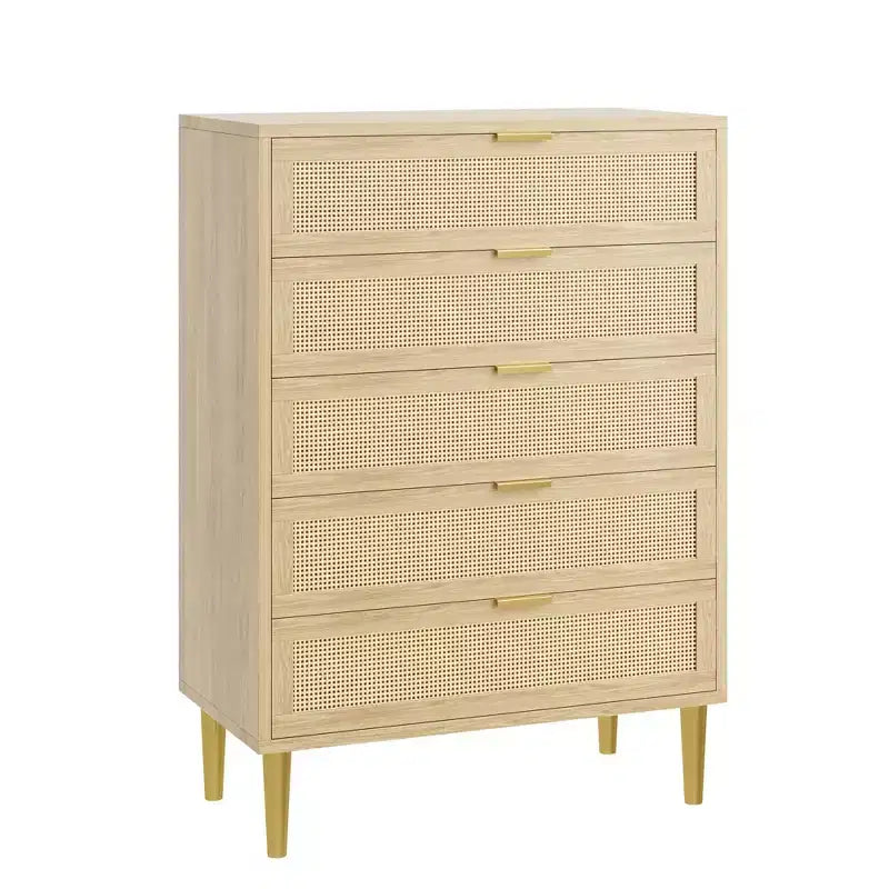 Cassettiera in rattan a 5 cassetti, cassettiera alta moderna con maniglie e gambe dorate, mobiletto per camera da letto con design antiribaltamento