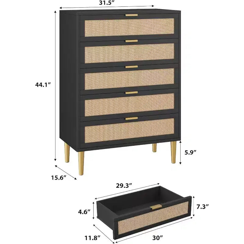Cassettiera in rattan a 5 cassetti, cassettiera alta moderna con maniglie e gambe dorate, mobiletto per camera da letto con design antiribaltamento