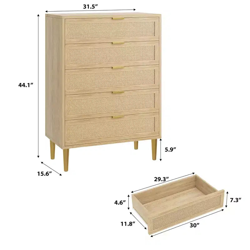Cassettiera in rattan a 5 cassetti, cassettiera alta moderna con maniglie e gambe dorate, mobiletto per camera da letto con design antiribaltamento