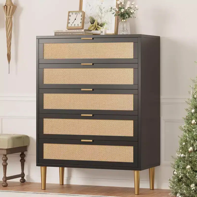 COZONY Rattan 5 Drawer Dresser, Modern Tall Chest of Drawers with Gold Handles & Legs, Bedroom Storage Cabinet with Anti-Tipping Design