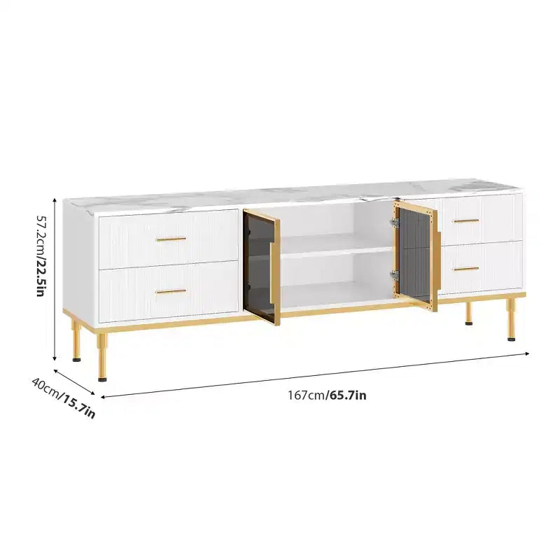 Mobile TV scanalato da 66", Centro intrattenimento moderno per TV fino a 75", Consolle multimediale in legno, 4 cassetti e anta in vetro per soggiorno