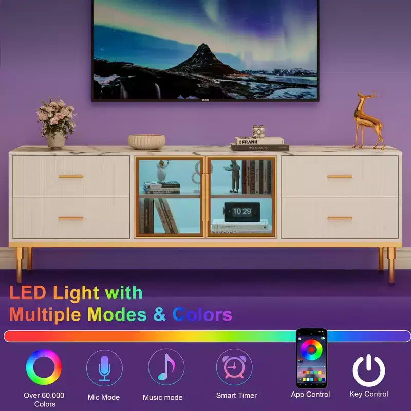 Mobile TV scanalato da 66", Centro intrattenimento moderno per TV fino a 75", Consolle multimediale in legno, 4 cassetti e anta in vetro per soggiorno