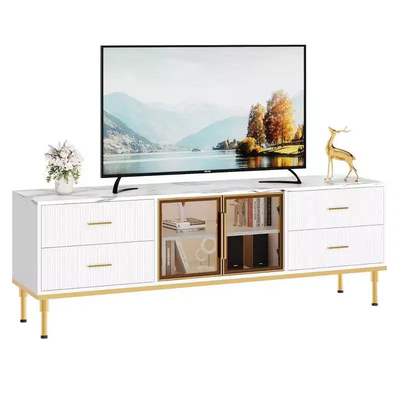 Mobile TV scanalato da 66", Centro intrattenimento moderno per TV fino a 75", Consolle multimediale in legno, 4 cassetti e anta in vetro per soggiorno