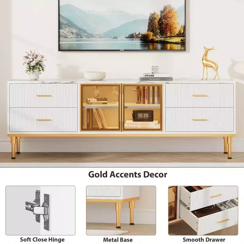 Mobile TV scanalato da 66", Centro intrattenimento moderno per TV fino a 75", Consolle multimediale in legno, 4 cassetti e anta in vetro per soggiorno