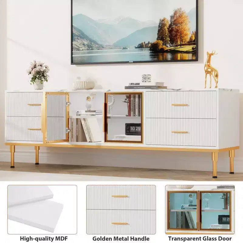 Mobile TV scanalato da 66", Centro intrattenimento moderno per TV fino a 75", Consolle multimediale in legno, 4 cassetti e anta in vetro per soggiorno
