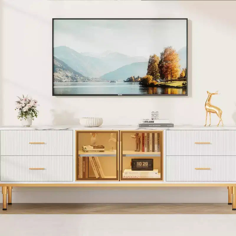 Mobile TV scanalato da 66", Centro intrattenimento moderno per TV fino a 75", Consolle multimediale in legno, 4 cassetti e anta in vetro per soggiorno