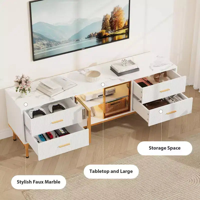 Mobile TV scanalato da 66", Centro intrattenimento moderno per TV fino a 75", Consolle multimediale in legno, 4 cassetti e anta in vetro per soggiorno