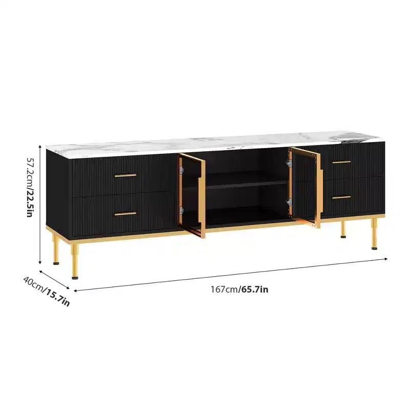 Mobile TV scanalato da 66", Centro intrattenimento moderno per TV fino a 75", Consolle multimediale in legno, 4 cassetti e anta in vetro per soggiorno