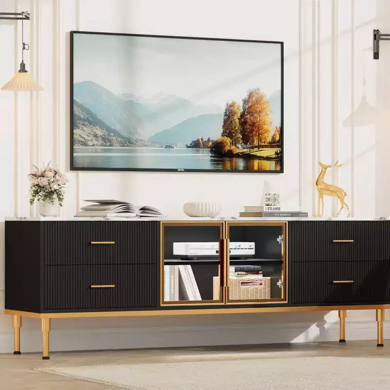 Mobile TV scanalato da 66", Centro intrattenimento moderno per TV fino a 75", Consolle multimediale in legno, 4 cassetti e anta in vetro per soggiorno