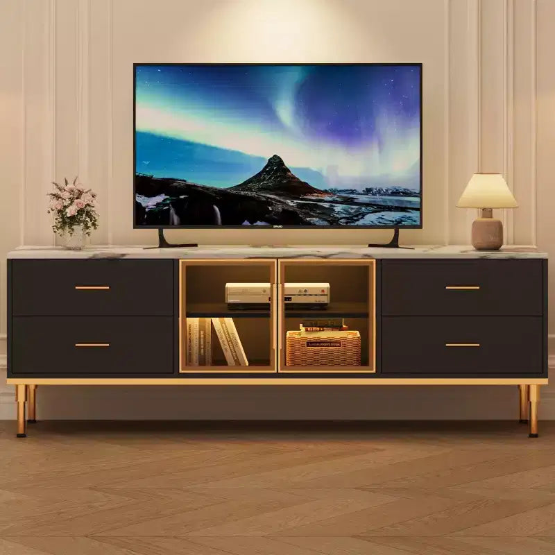 Mobile TV scanalato da 66", Centro intrattenimento moderno per TV fino a 75", Consolle multimediale in legno, 4 cassetti e anta in vetro per soggiorno