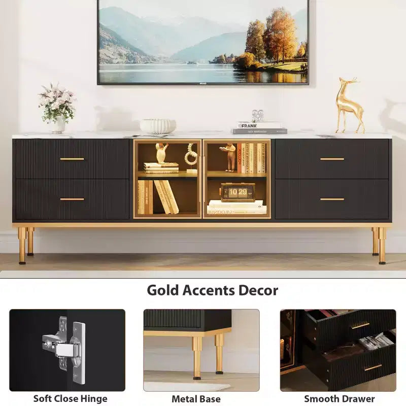 Mobile TV scanalato da 66", Centro intrattenimento moderno per TV fino a 75", Consolle multimediale in legno, 4 cassetti e anta in vetro per soggiorno