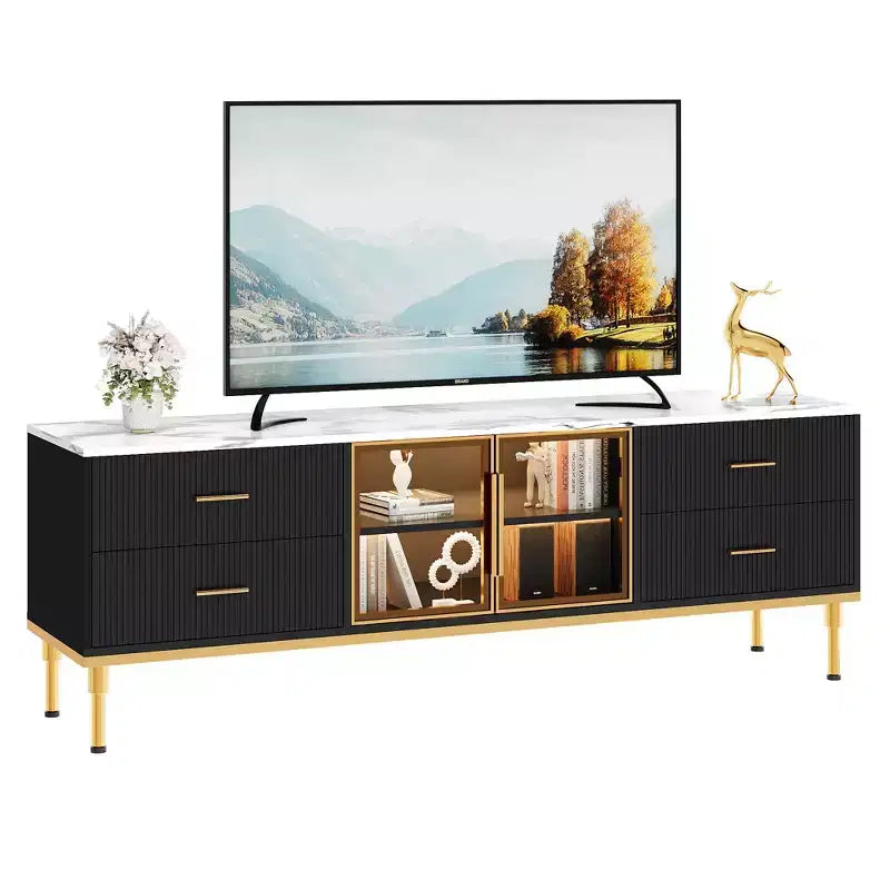 Mobile TV scanalato da 66", Centro intrattenimento moderno per TV fino a 75", Consolle multimediale in legno, 4 cassetti e anta in vetro per soggiorno