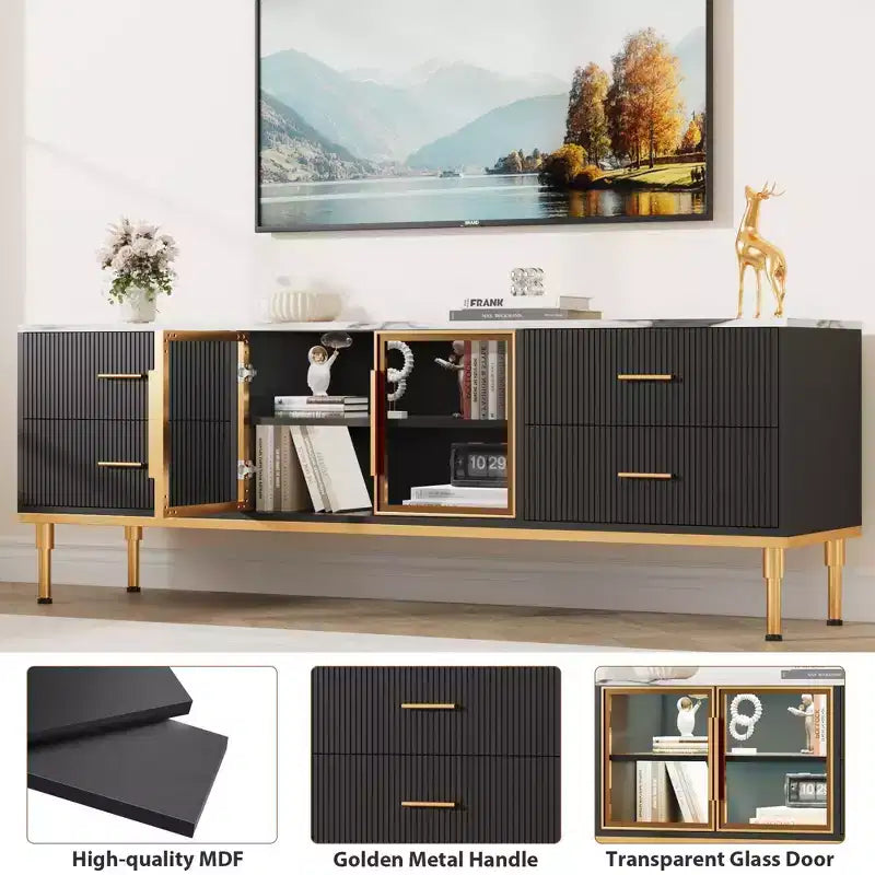 Mobile TV scanalato da 66", Centro intrattenimento moderno per TV fino a 75", Consolle multimediale in legno, 4 cassetti e anta in vetro per soggiorno