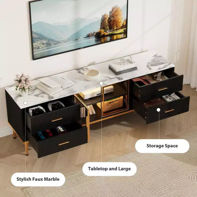 Mobile TV scanalato da 66", Centro intrattenimento moderno per TV fino a 75", Consolle multimediale in legno, 4 cassetti e anta in vetro per soggiorno