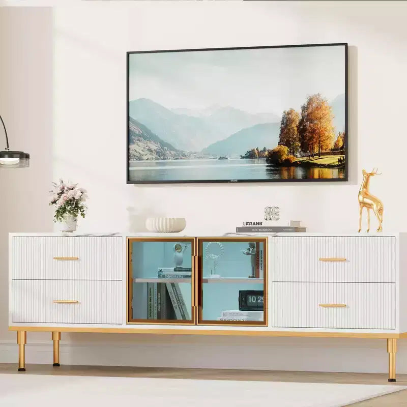Mobile TV scanalato da 66", Centro intrattenimento moderno per TV fino a 75", Consolle multimediale in legno, 4 cassetti e anta in vetro per soggiorno