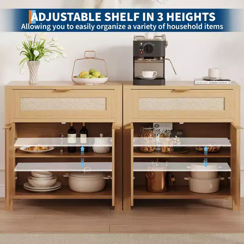 Madia credenza da 34 pollici con cassetti, ripiani regolabili e ante in rattan, credenza contenitore in legno per ingresso e soggiorno
