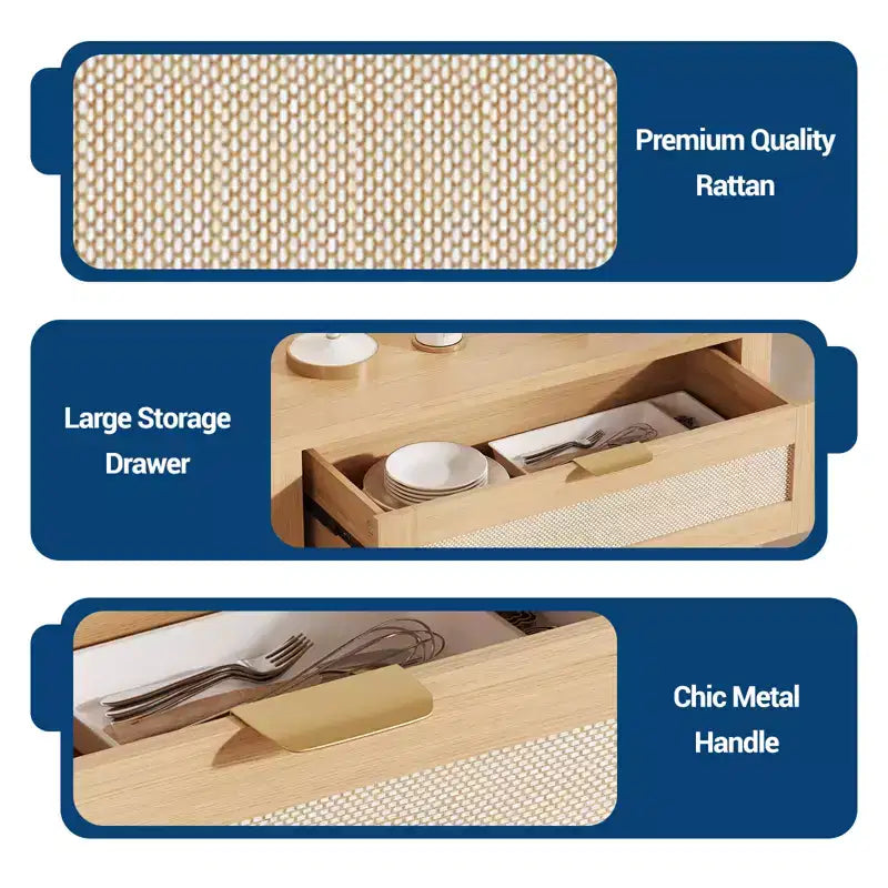 Madia credenza da 34 pollici con cassetti, ripiani regolabili e ante in rattan, credenza contenitore in legno per ingresso e soggiorno