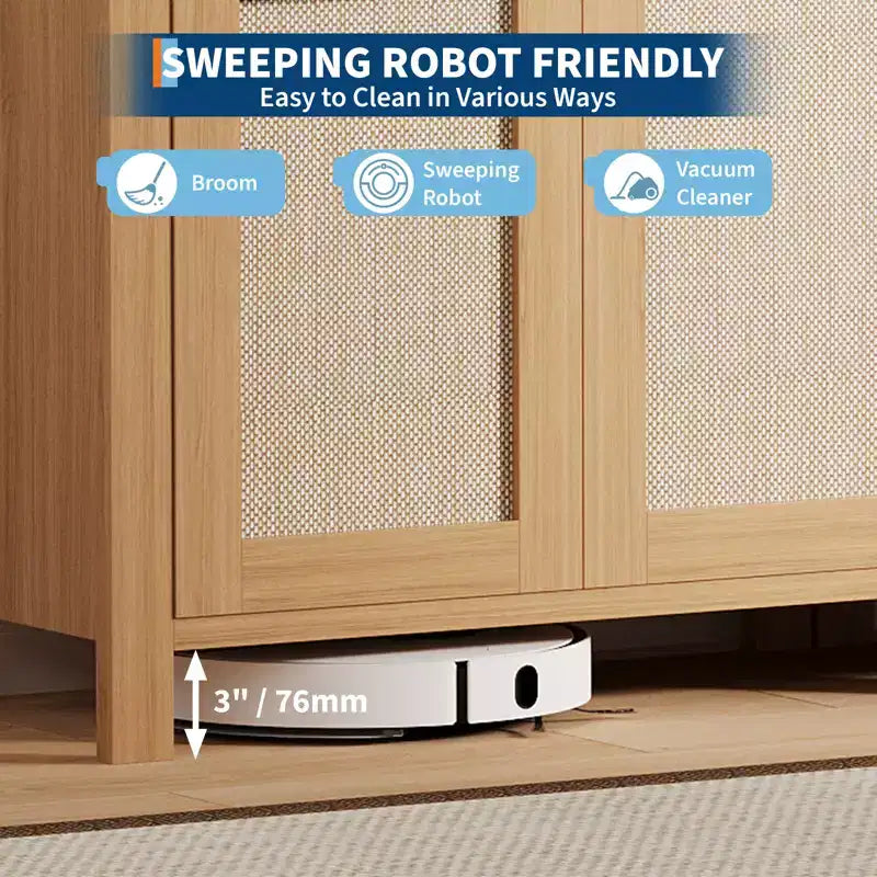 Madia credenza da 34 pollici con cassetti, ripiani regolabili e ante in rattan, credenza contenitore in legno per ingresso e soggiorno