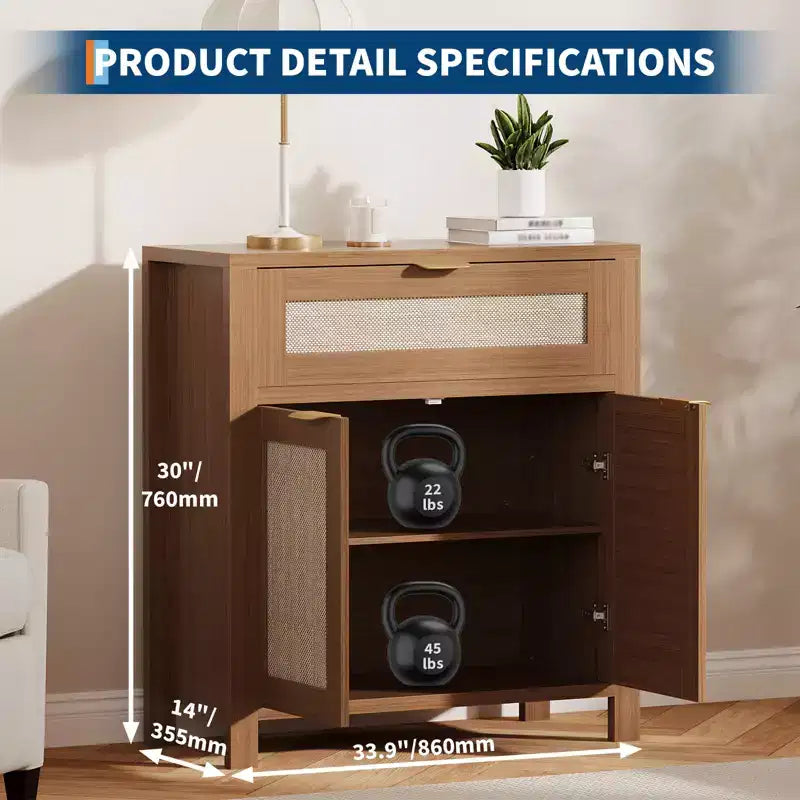 Madia credenza da 34 pollici con cassetti, ripiani regolabili e ante in rattan, credenza contenitore in legno per ingresso e soggiorno
