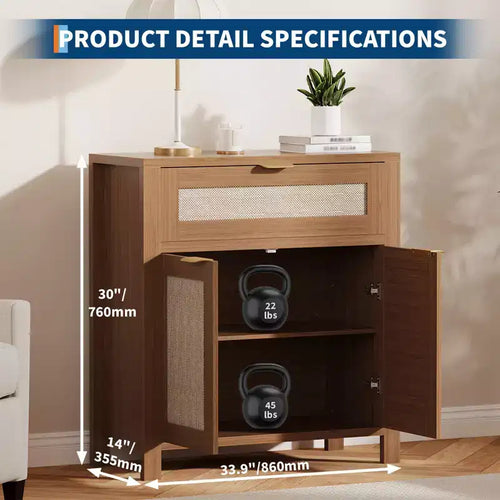 Madia credenza da 34 pollici con cassetti, ripiani regolabili e ante in rattan, credenza contenitore in legno per ingresso e soggiorno