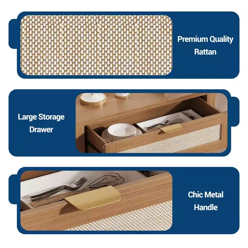 Madia credenza da 34 pollici con cassetti, ripiani regolabili e ante in rattan, credenza contenitore in legno per ingresso e soggiorno