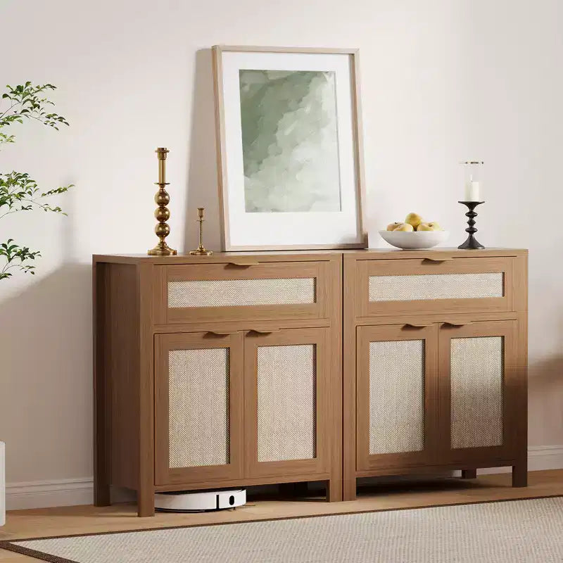 Madia credenza da 34 pollici con cassetti, ripiani regolabili e ante in rattan, credenza contenitore in legno per ingresso e soggiorno