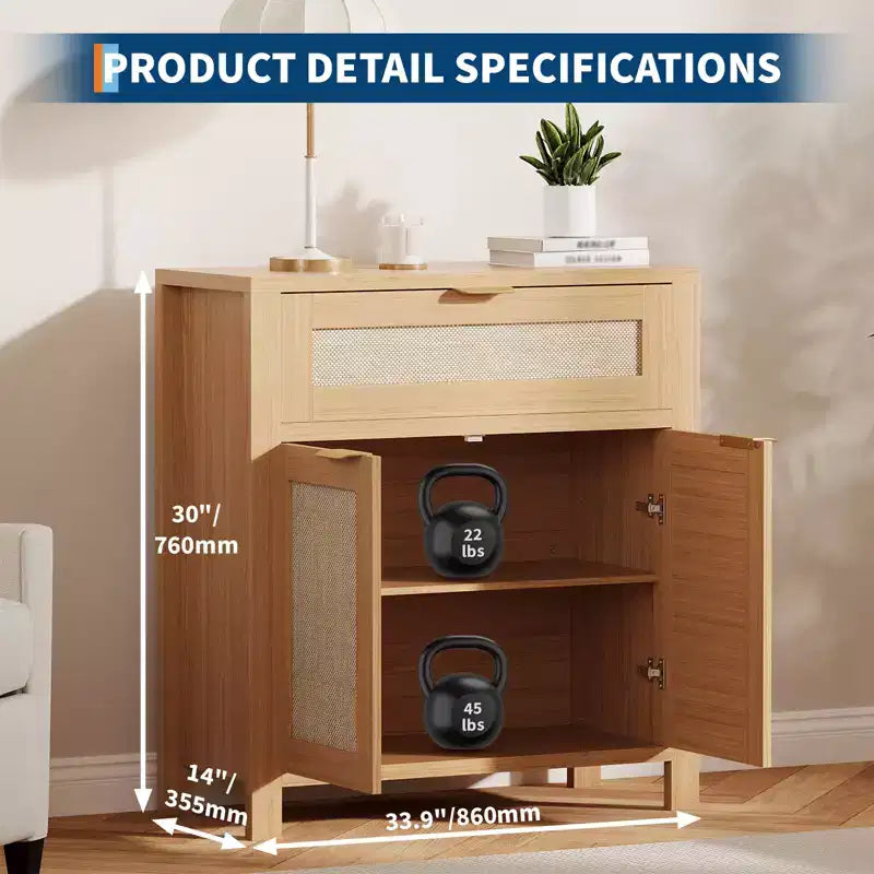 Madia credenza da 34 pollici con cassetti, ripiani regolabili e ante in rattan, credenza contenitore in legno per ingresso e soggiorno