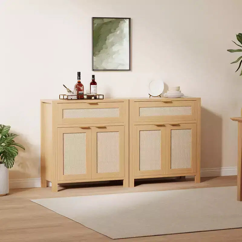 Madia credenza da 34 pollici con cassetti, ripiani regolabili e ante in rattan, credenza contenitore in legno per ingresso e soggiorno